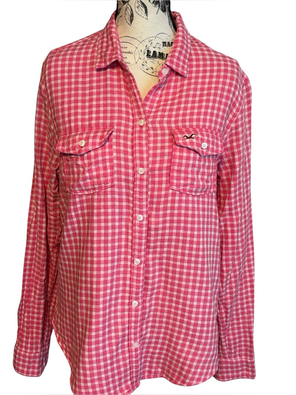 Hollister Pink Gingham Plaid Button Down Shirt M